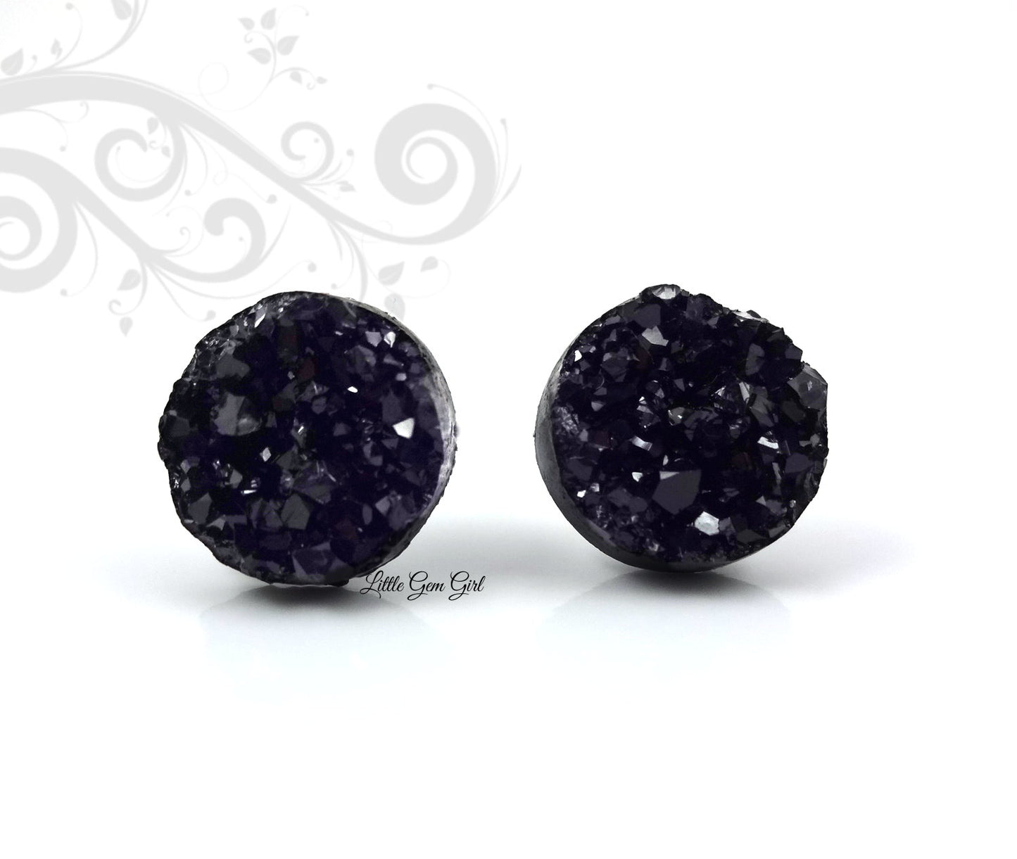 Black Druzy Earrings with Three Sizes Available - Black Crystal Glitter Studs Faux Drusy Post Earrings Available in Titanium or Stainless Steel Posts