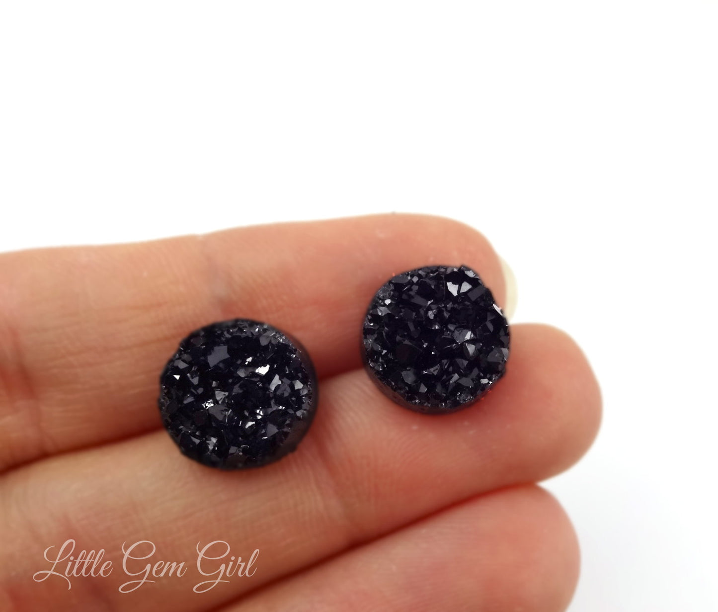 Black Druzy Earrings with Three Sizes Available - Black Crystal Glitter Studs Faux Drusy Post Earrings Available in Titanium or Stainless Steel Posts