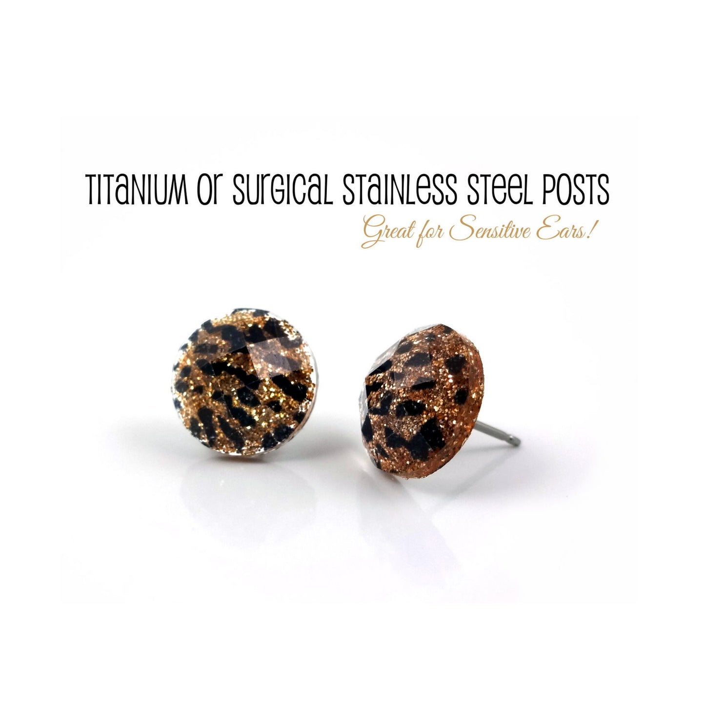 Cheetah Earrings Available in 3 Sizes and 7 Colors - Glitter Stud Hypoallergenic Earrings - Animal Print Leopard - Titanium or Stainless Steel for Sensitive Ears