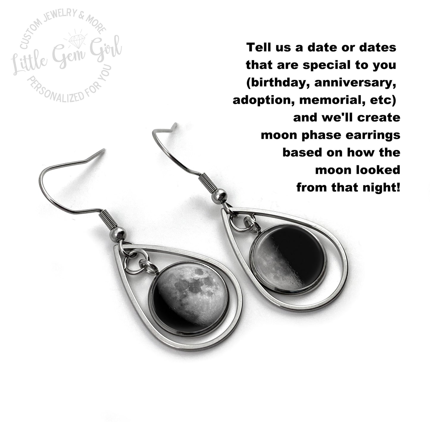 Custom Lunar Phase Birth Moon Earrings - Glow in the Dark Stainless Steel Teardrop - Hypoallergenic Nickel Free