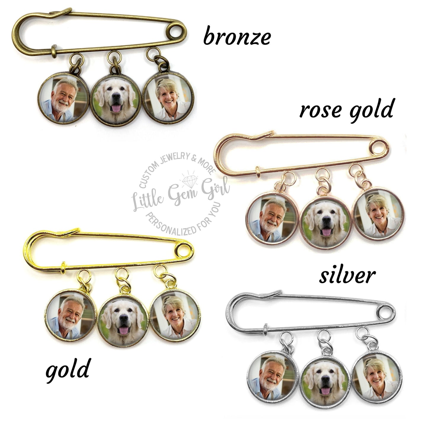 Lapel Pin Boutonniere available with One to Four Custom Photo Charms - Choose from Four Different Metal Finishes