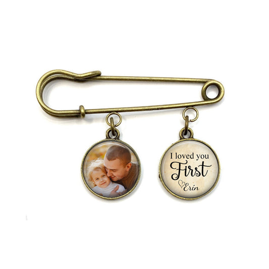 Custom Father of the Bride Photo Pin – Personalized Lapel Brooch with “I Loved You First” Charm – Wedding Day Gift for Dad