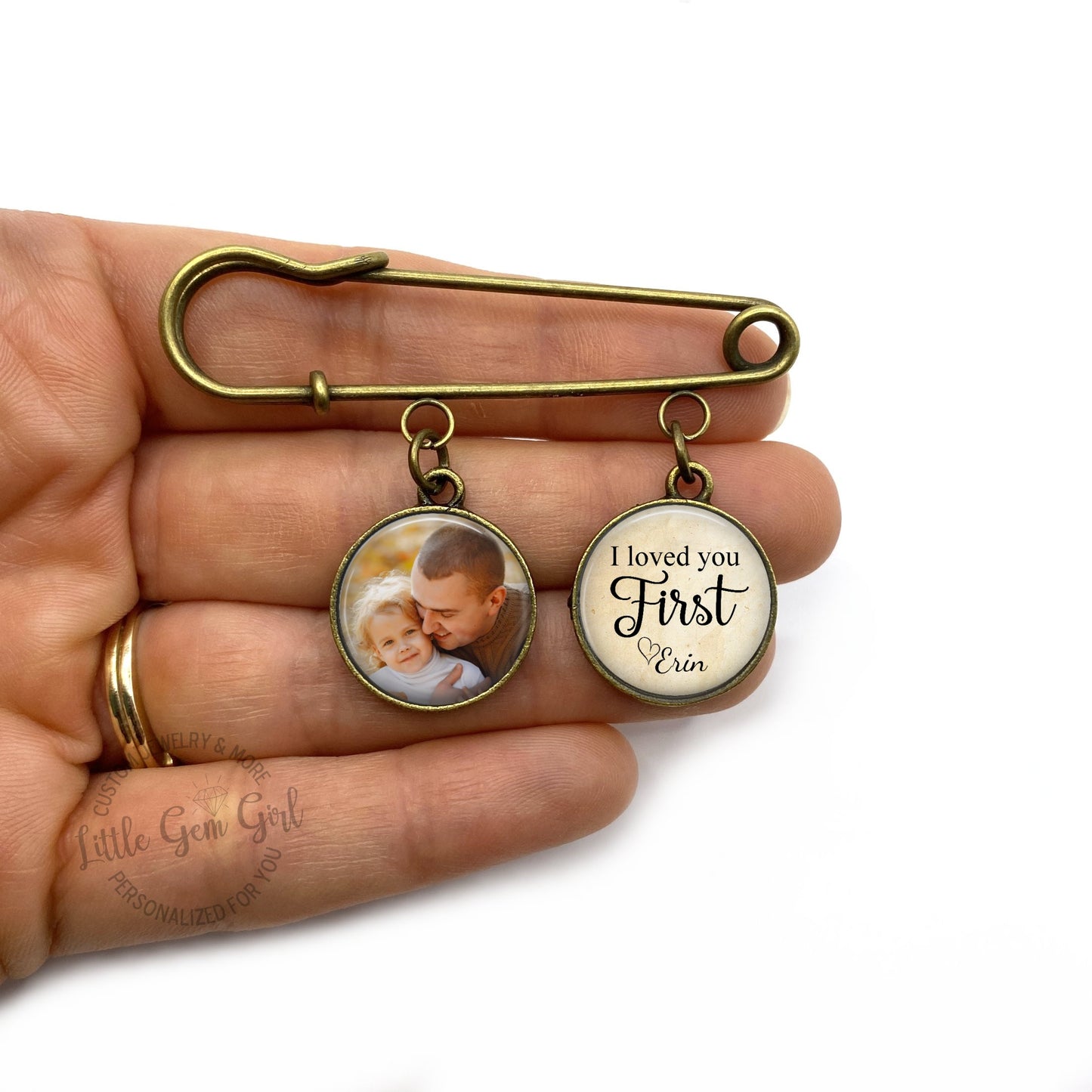 Custom Father of the Bride Photo Pin – Personalized Lapel Brooch with “I Loved You First” Charm – Wedding Day Gift for Dad