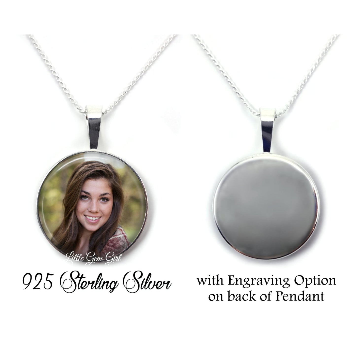 925 Sterling Silver Engraved Photo Necklace - Custom Picture Charm Memorial Pendant