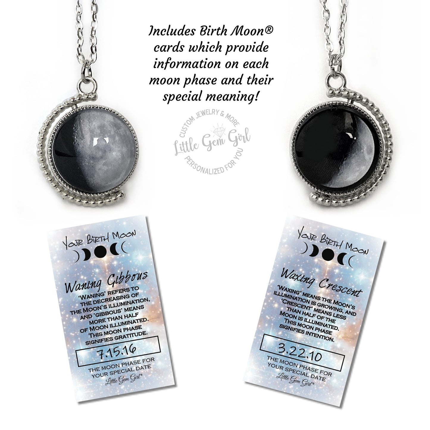 Double Sided Birthday Moon Phase Glowing Necklace - 360-Degree Spinning Astrology Lunar Charm