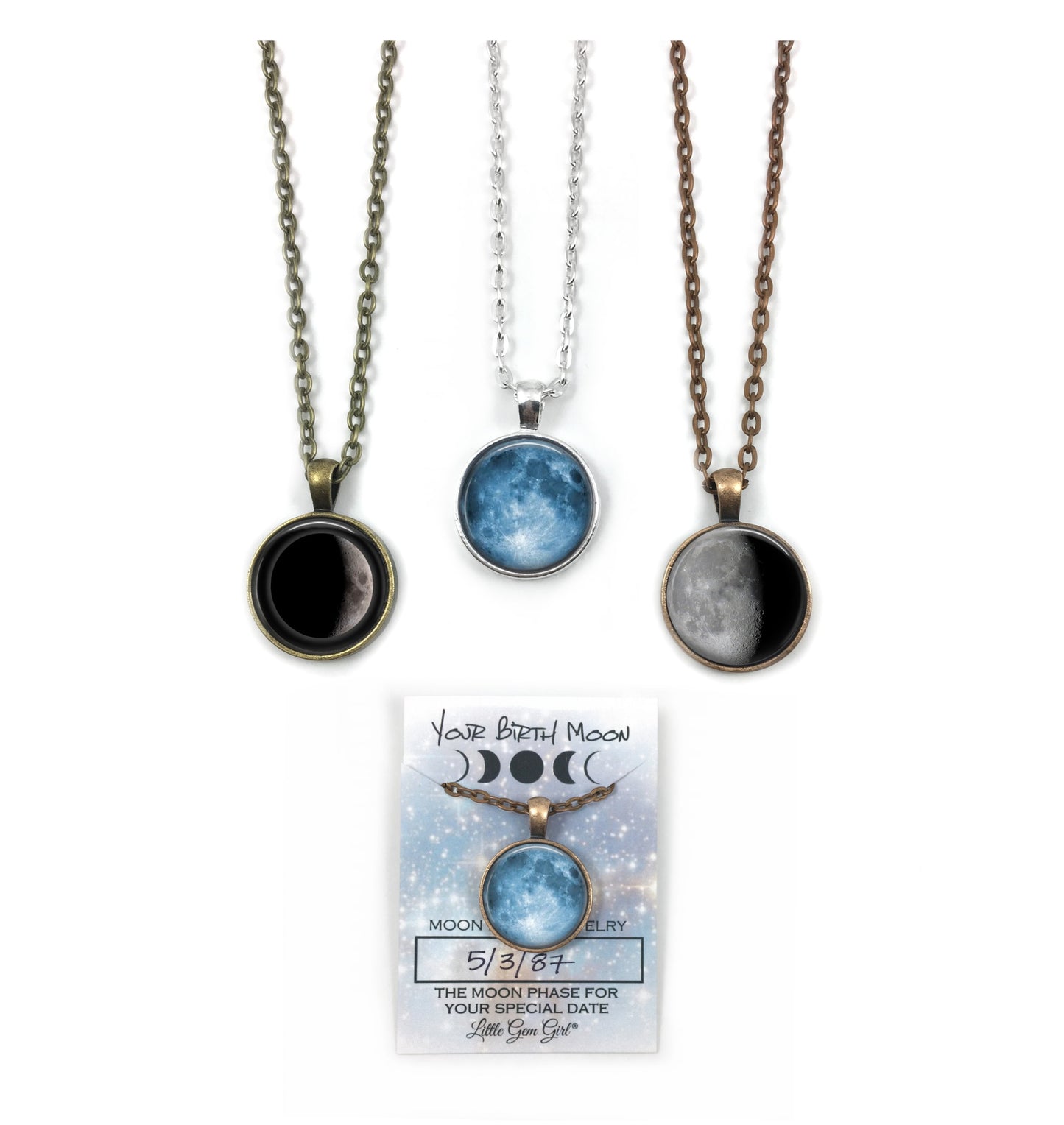 Custom Birth Moon Necklace or Key Chain with Optional Glow - Birthday Lunar Phase Jewelry - Personalized Date Moon Necklace