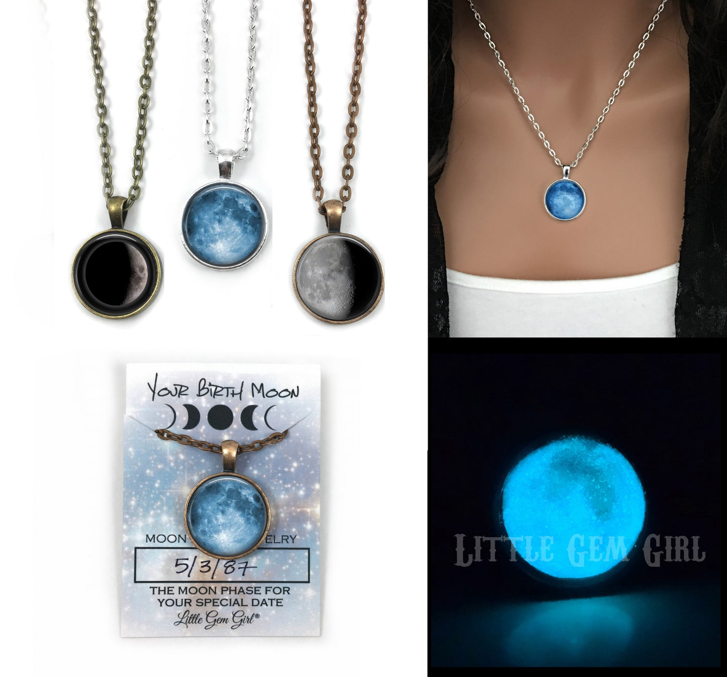 Custom Birth Moon Necklace or Key Chain with Optional Glow - Birthday Lunar Phase Jewelry - Personalized Date Moon Necklace