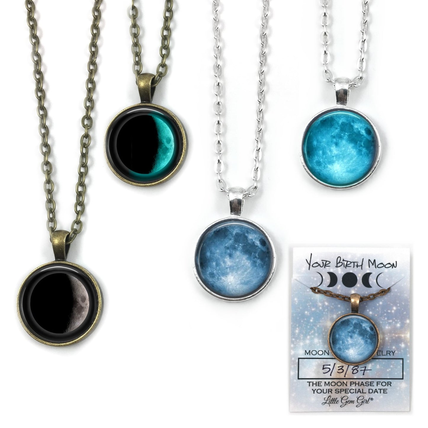 Custom Birth Moon Necklace or Key Chain with Optional Glow - Birthday Lunar Phase Jewelry - Personalized Date Moon Necklace