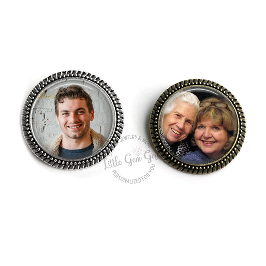 Custom Photo Brooch Pin Available in Silver and Bronze - Memorial Picture Boutonniere Bouquet Charm