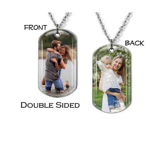 Custom Photo Double Sided Dog Tag - Personalized 2 Sided Picture Military Dog Tag Jewelry Available as a Necklace or Key Chain