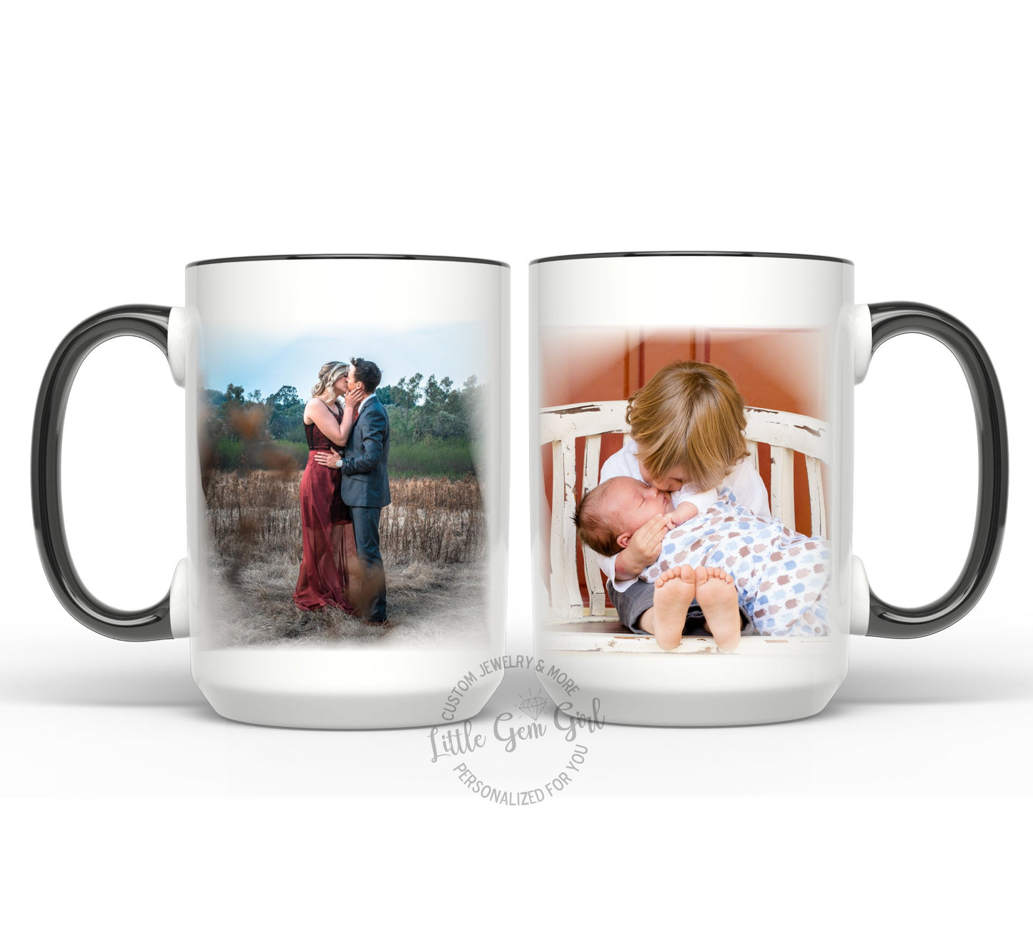 Double Sided 15oz Coffee Mug with Custom Photos - Personalized Pictures Cup Available in White or Black