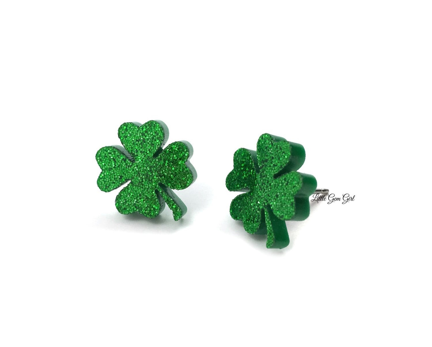 Shamrock Four Leaf Clover Stud Earrings - Sparkly Green St Patrick's Day - Stainless Steel or Titanium Post