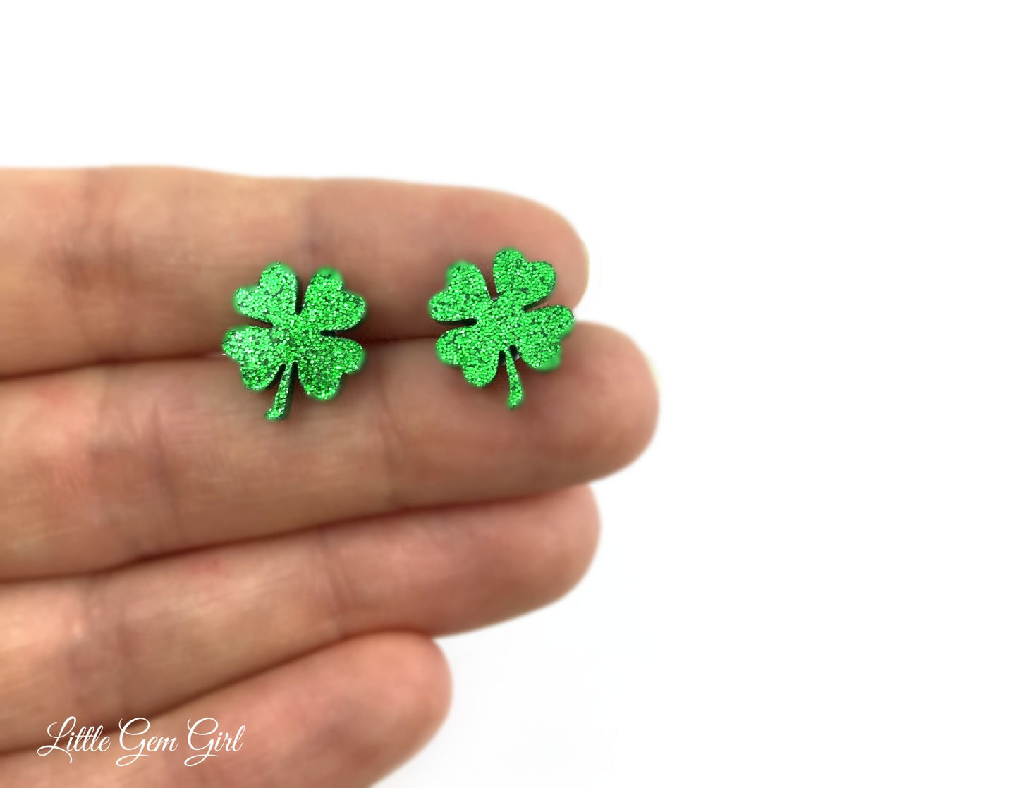 Shamrock Four Leaf Clover Stud Earrings - Sparkly Green St Patrick's Day - Stainless Steel or Titanium Post