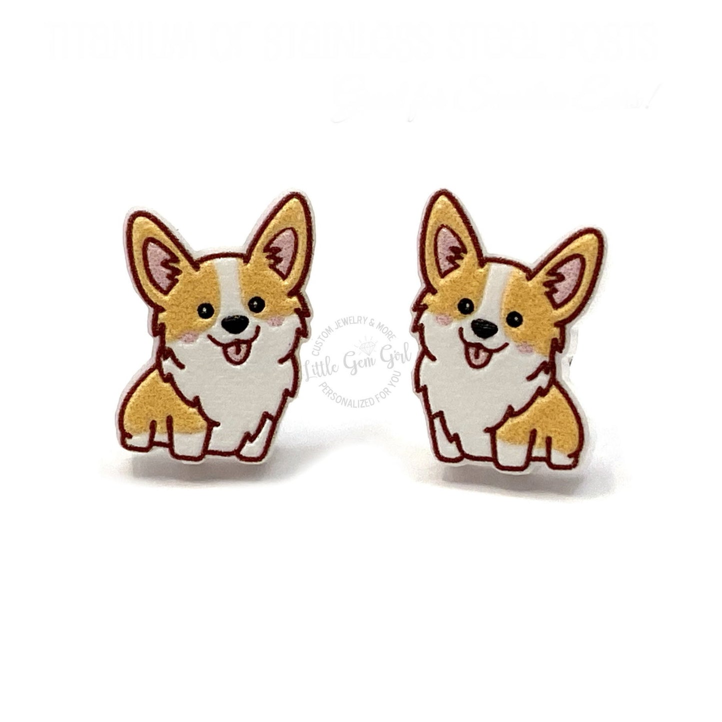 Corgi Stud Earrings in Titanium or Stainless Steel Posts, Nickel Free, Hypoallergenic - Corgi Dog Lovers Jewelry