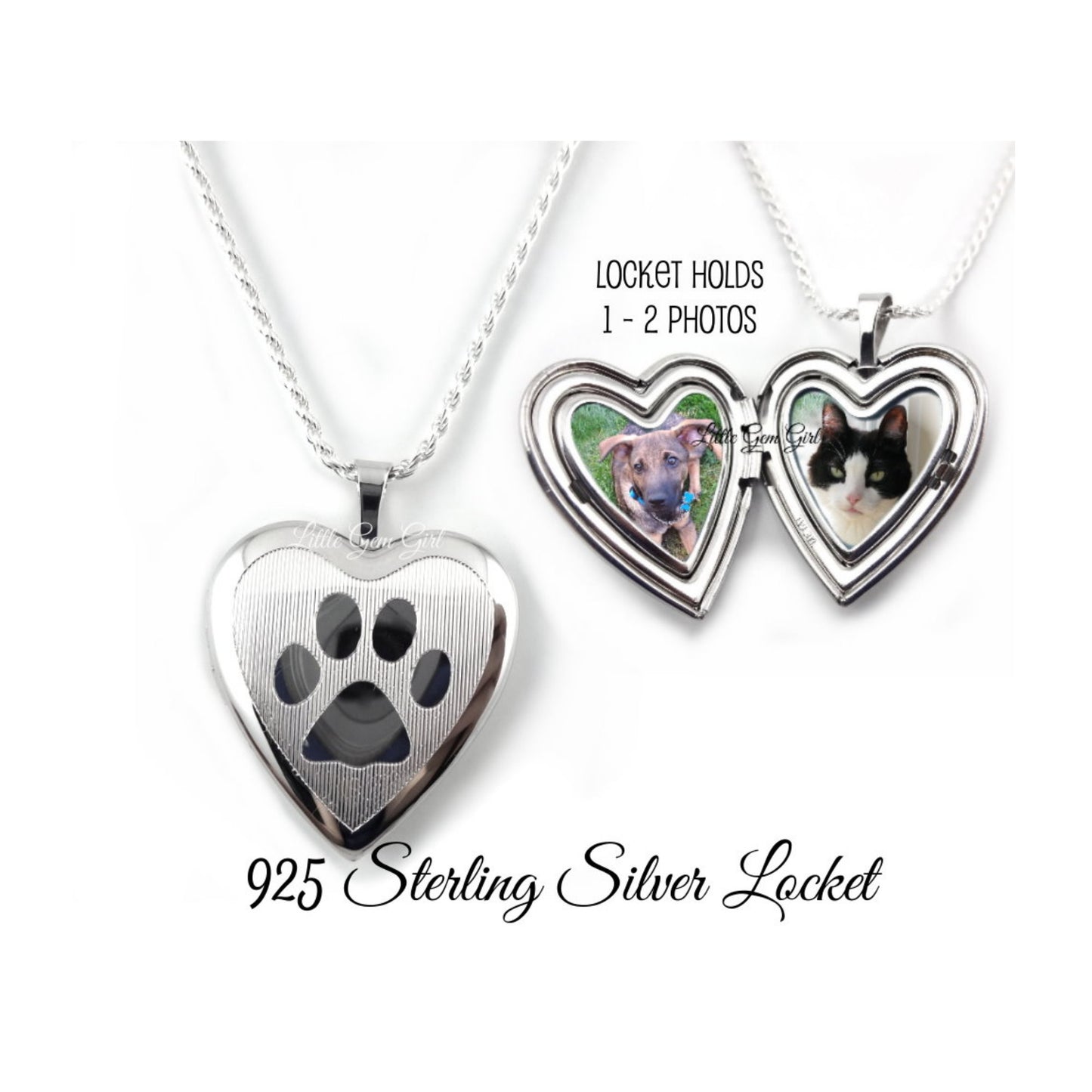 Custom Photo Heart Pet Locket 925 Sterling Silver - Paw Print Locket Necklace - Memorial Pet Heart Remembrance with Optional Engraving