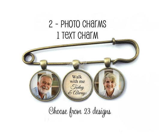Walk With Me Today and Always Custom Photo Lapel Pin with 3 Charms - Memorial Boutonniere - Personalized Groom In Memory Charm