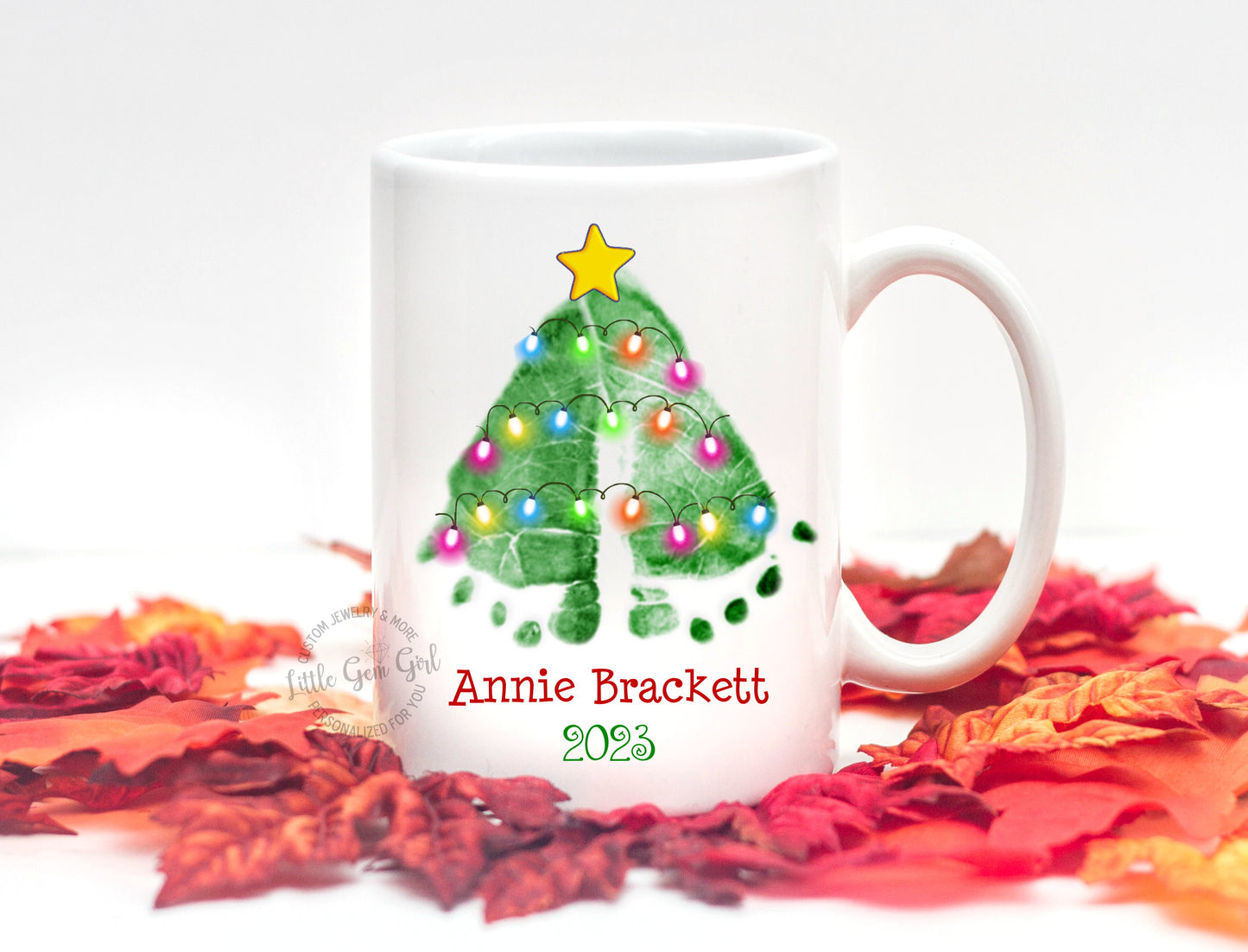 Christmas Tree Baby Footprints Custom Coffee Mug with Your Baby's Actual Prints - Personalized Name and Date Holiday Coffee Cup