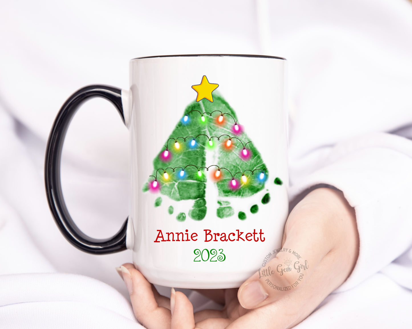Christmas Tree Baby Footprints Custom Coffee Mug with Your Baby's Actual Prints - Personalized Name and Date Holiday Coffee Cup