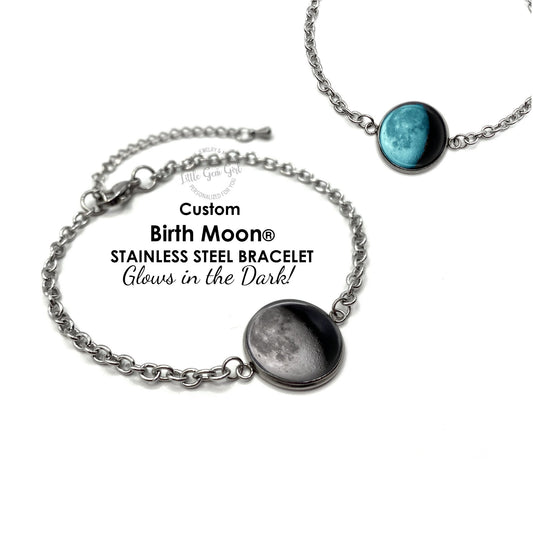 Custom Stainless Steel Moon Phase Link Bracelet - Personalized Glow in the Dark Lunar Date Birth Moon