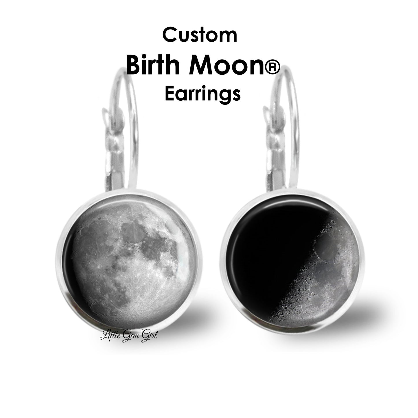 Custom Lunar Phase Birth Moon Earrings - Glow in the Dark Zodiac Dangle or Stud - Six Settings Colors Available