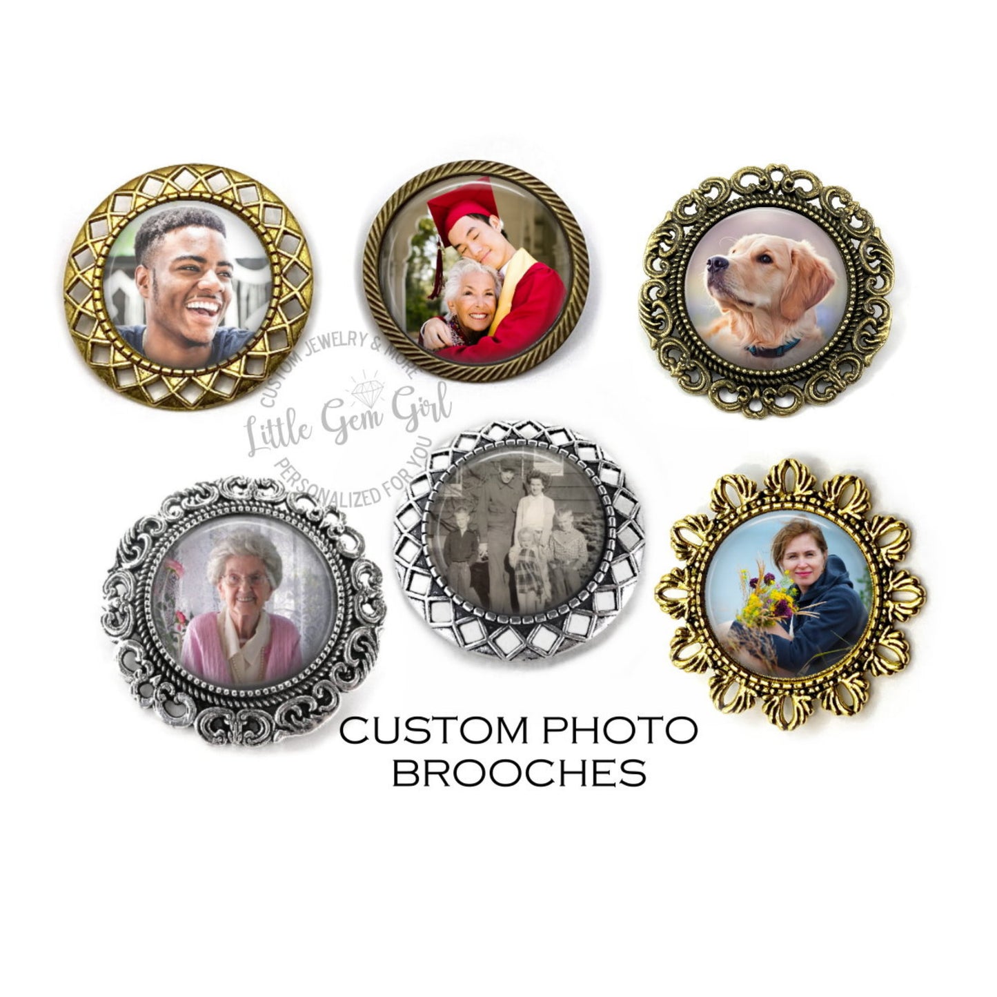 Custom Photo Brooch Available in 6 Styles - Personalized Picture Memorial Pin - Silver, Bronze or Gold In Memory Boutonniere Charms