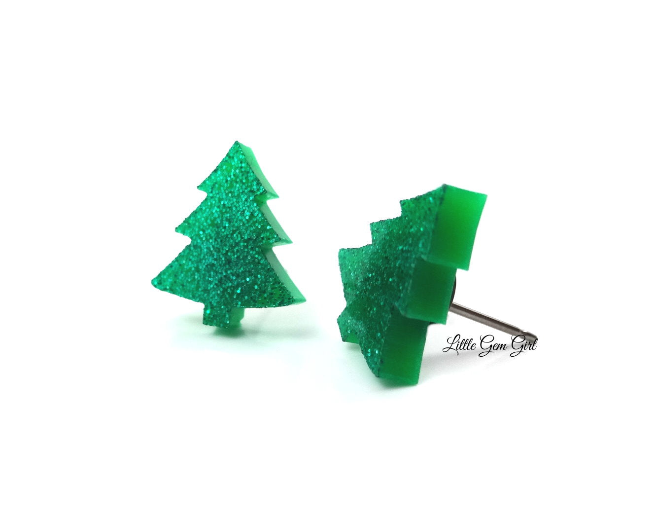 Christmas Tree Green Sparking Stud Earrings Available with Titanium or Stainless Steel Post