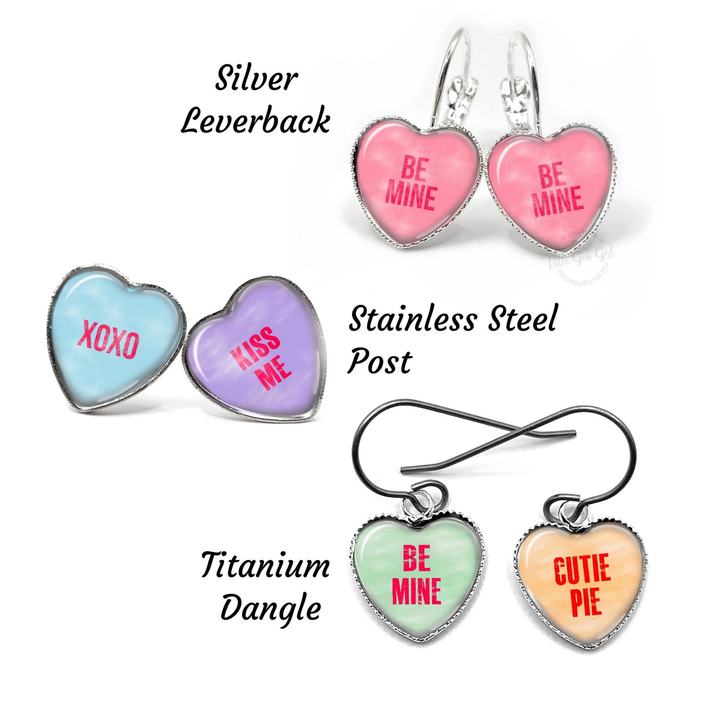Valentine's Day Conversation Heart Earrings with Your Custom Text - Available in Silver, Stainless Steel, or Titanium