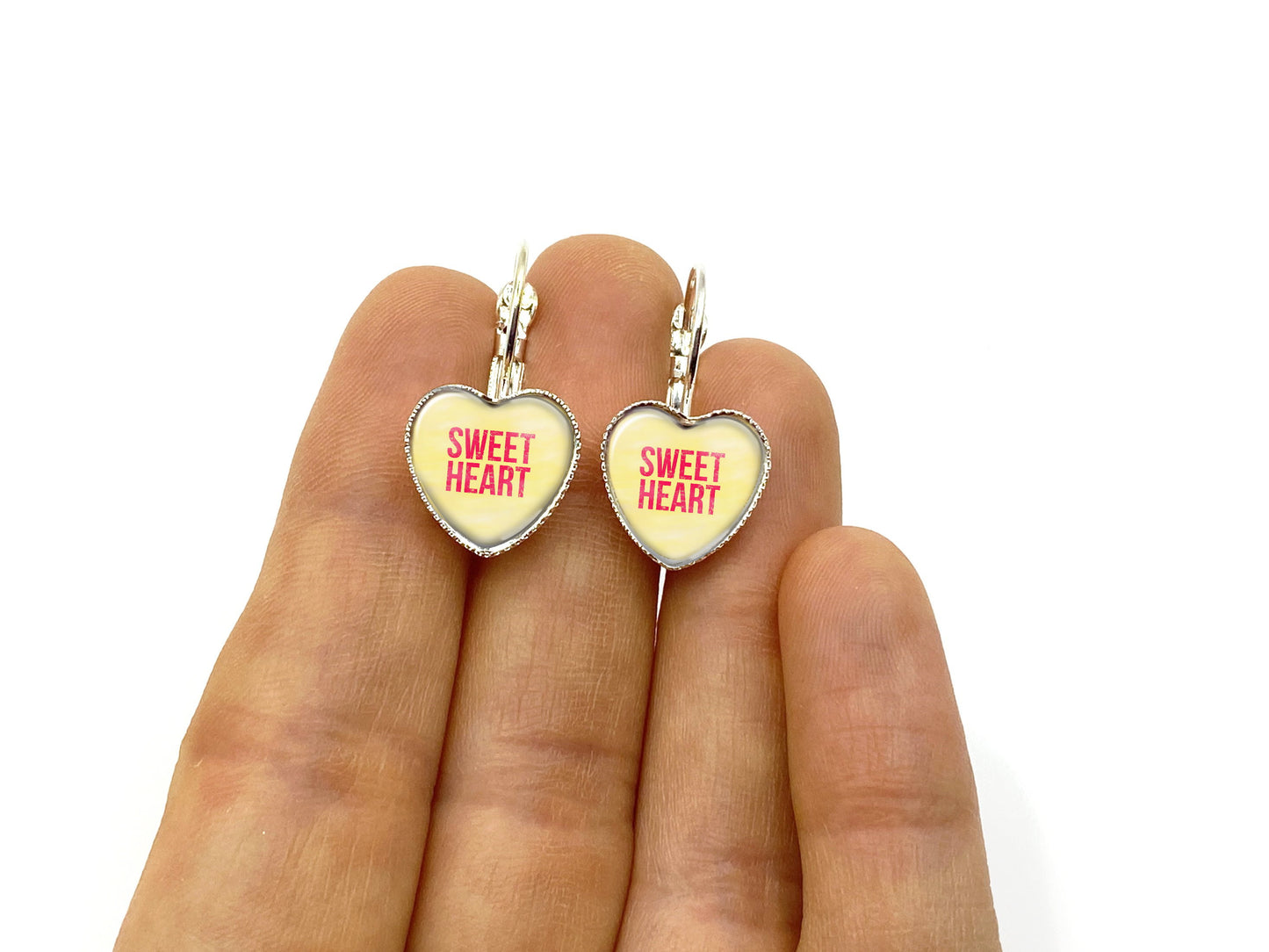 Valentine's Day Conversation Heart Earrings with Your Custom Text - Available in Silver, Stainless Steel, or Titanium