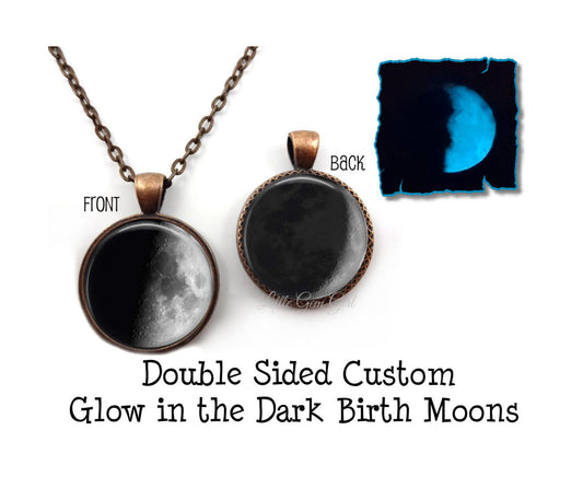 Double Sided Glowing Custom Birth Moon Necklace or Key Chain - Two Different Glow in the Dark Moon Phases - Four Setting Colors Available