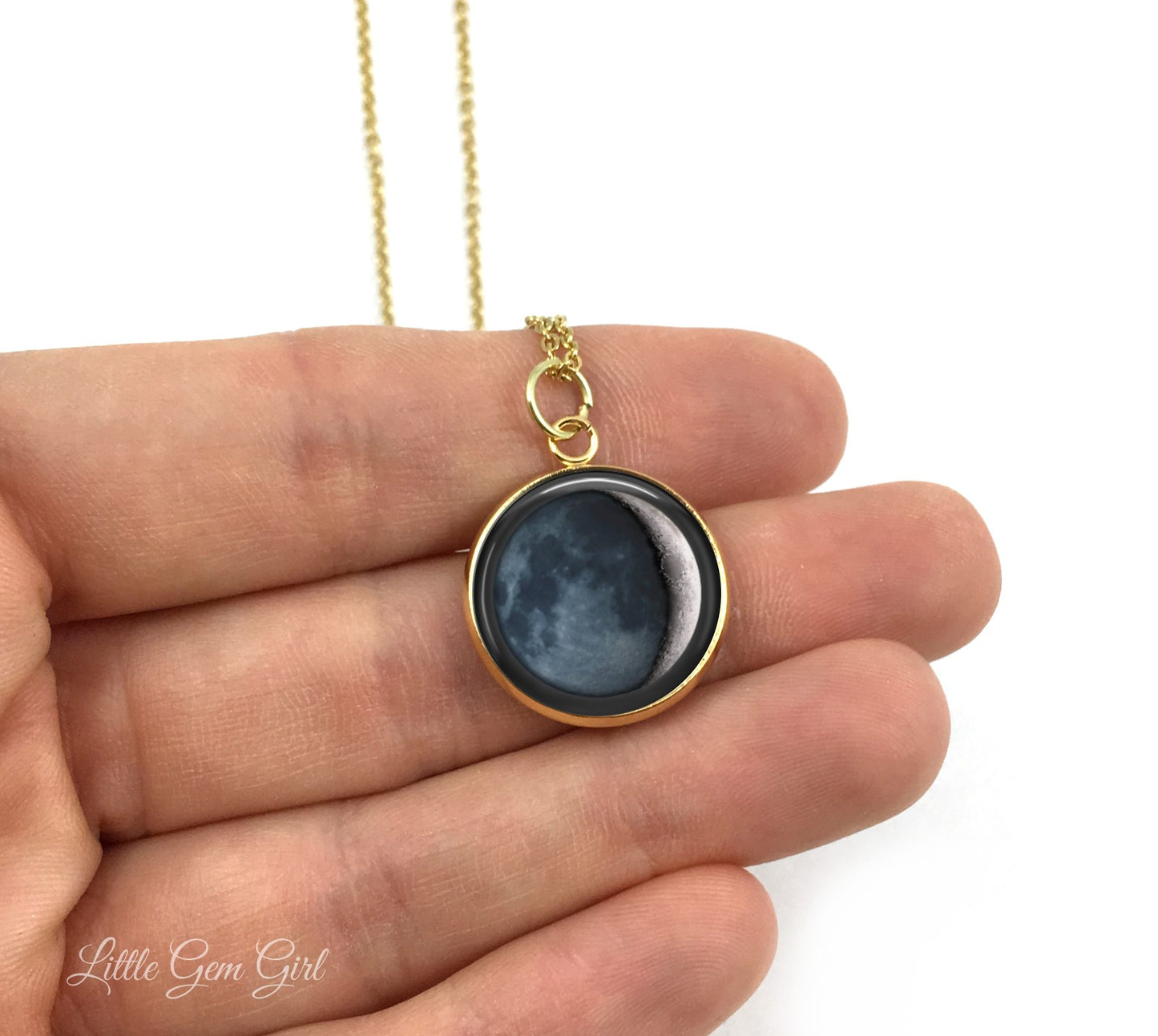 Gold Stainless Steel Custom Birth Moon Necklace that Glows in the Dark - Personalized Birthday Moon Phase Jewelry