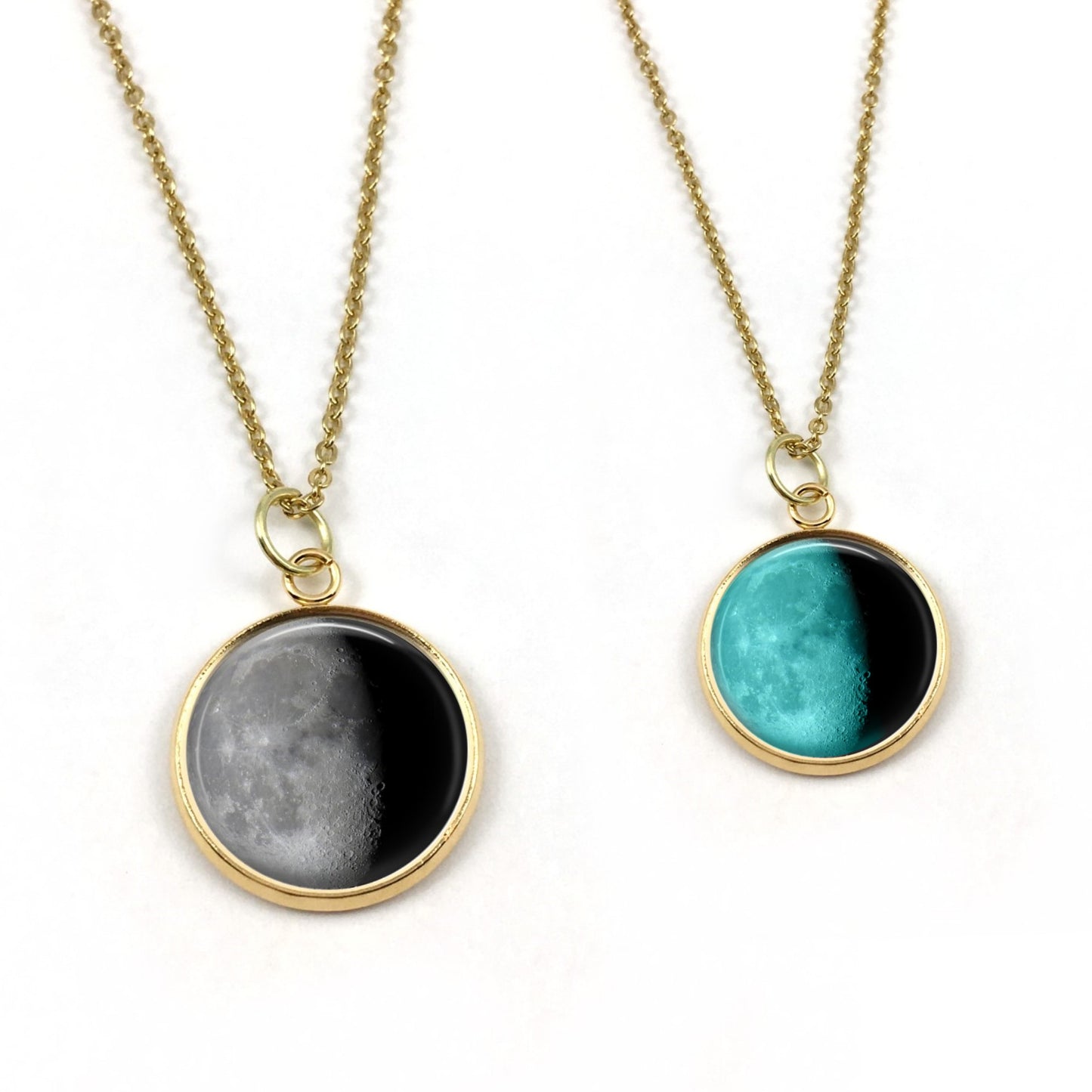 Gold Stainless Steel Custom Birth Moon Necklace that Glows in the Dark - Personalized Birthday Moon Phase Jewelry