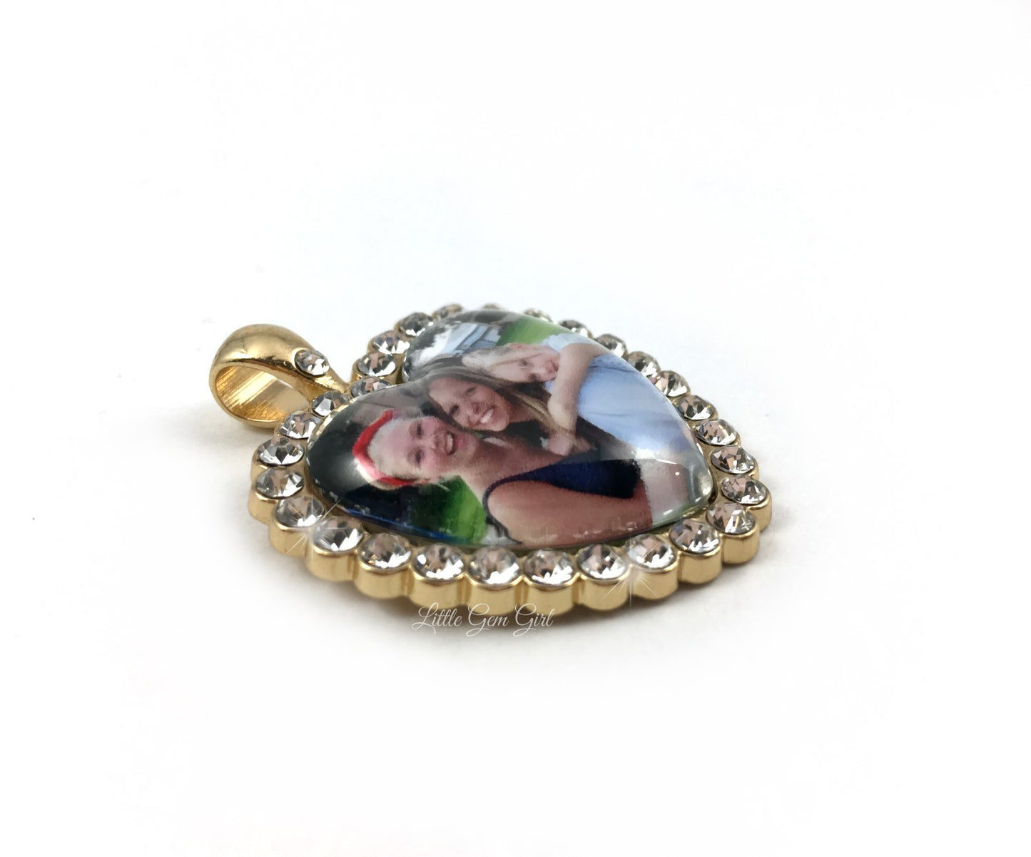 Rhinestone Heart Necklace with Your Custom Photo - Available in Silver or Gold