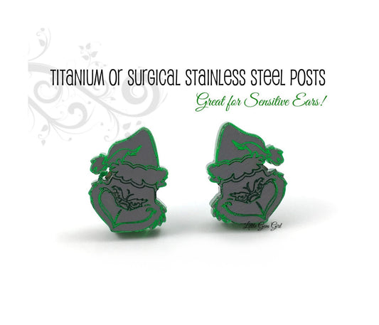 The Grinch Christmas Earrings - Funny Holiday Jewelry - Stud Earrings in Titanium or Stainless Steel for sensitive ears