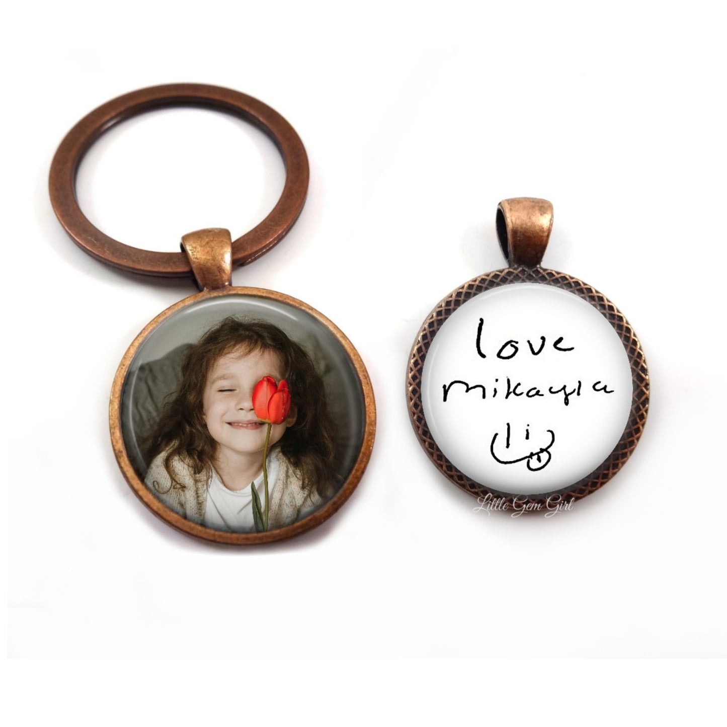 Personalized Custom Photo and Handwriting Double Sided Keychain or Necklace Pendant - Loved Ones Signature Handwritten Message