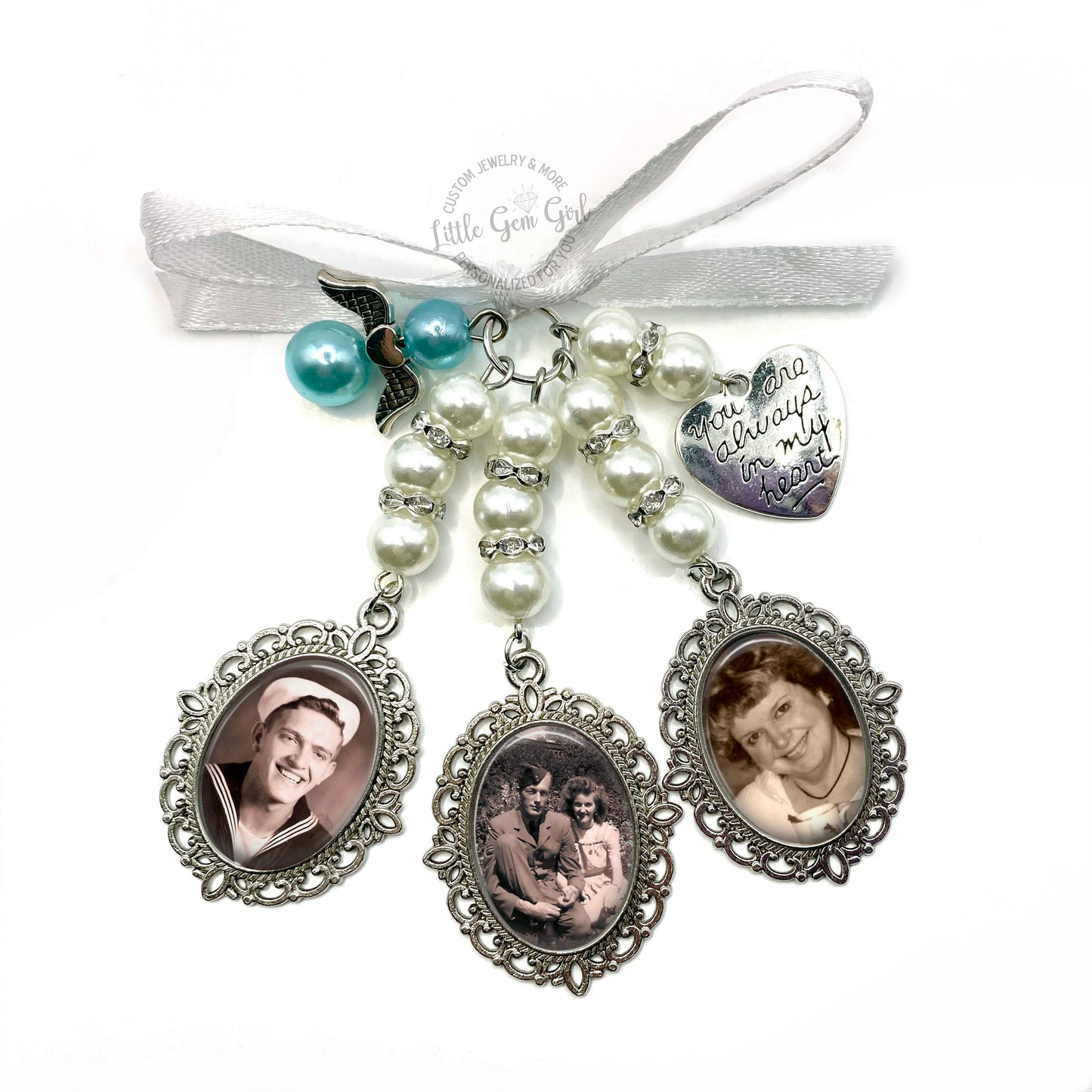 Bridal Bouquet Charm with 1 to 3 Custom Photos - Personalized Memorial Wedding Gift for Bride