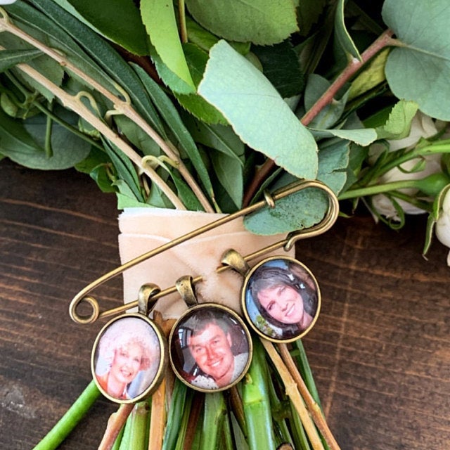 Custom Photo Lapel Pin with 1, 2 or 3 Picture Charms - Wedding Picture Boutonniere - Personalized Bridal Bouquet Charm - Groom Memorial Pin