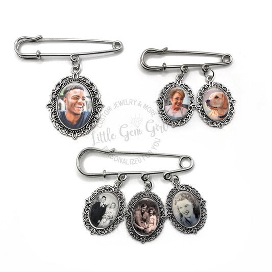Custom Photo Victorian Wedding Lapel Pin - Personalized with One to Three Pictures - Memorial Photo or Handwriting Charms