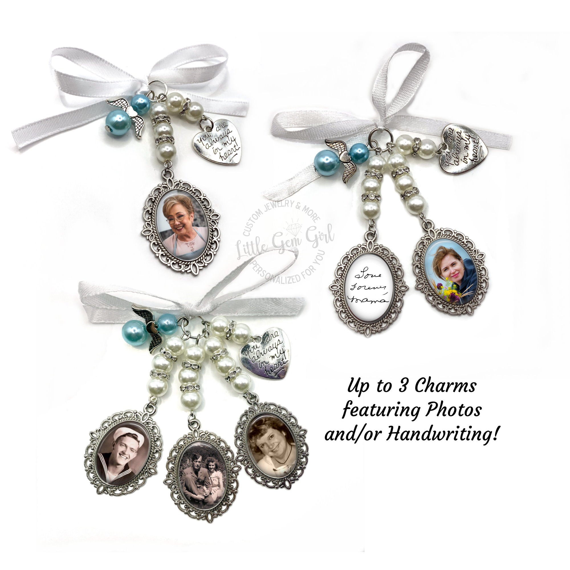 Personalized Blue Crystal Bridal Bouquet Charm With Engraved Text And