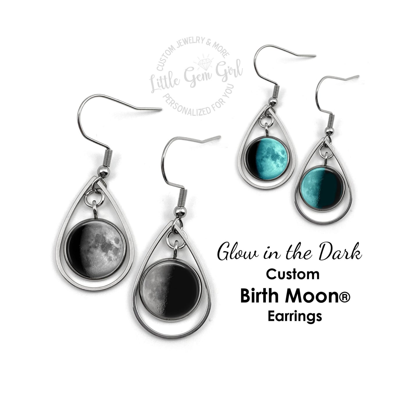 Custom Lunar Phase Birth Moon Earrings - Glow in the Dark Stainless Steel Teardrop - Hypoallergenic Nickel Free