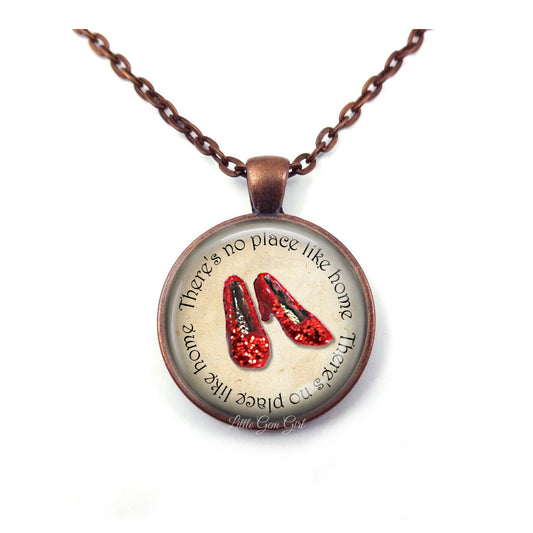 The Wonderful Wizard of Oz Necklace There's No Place Like Home Charm with Glittered Ruby Red Slippers Available in Silver, Gunmetal, Copper or Bronze