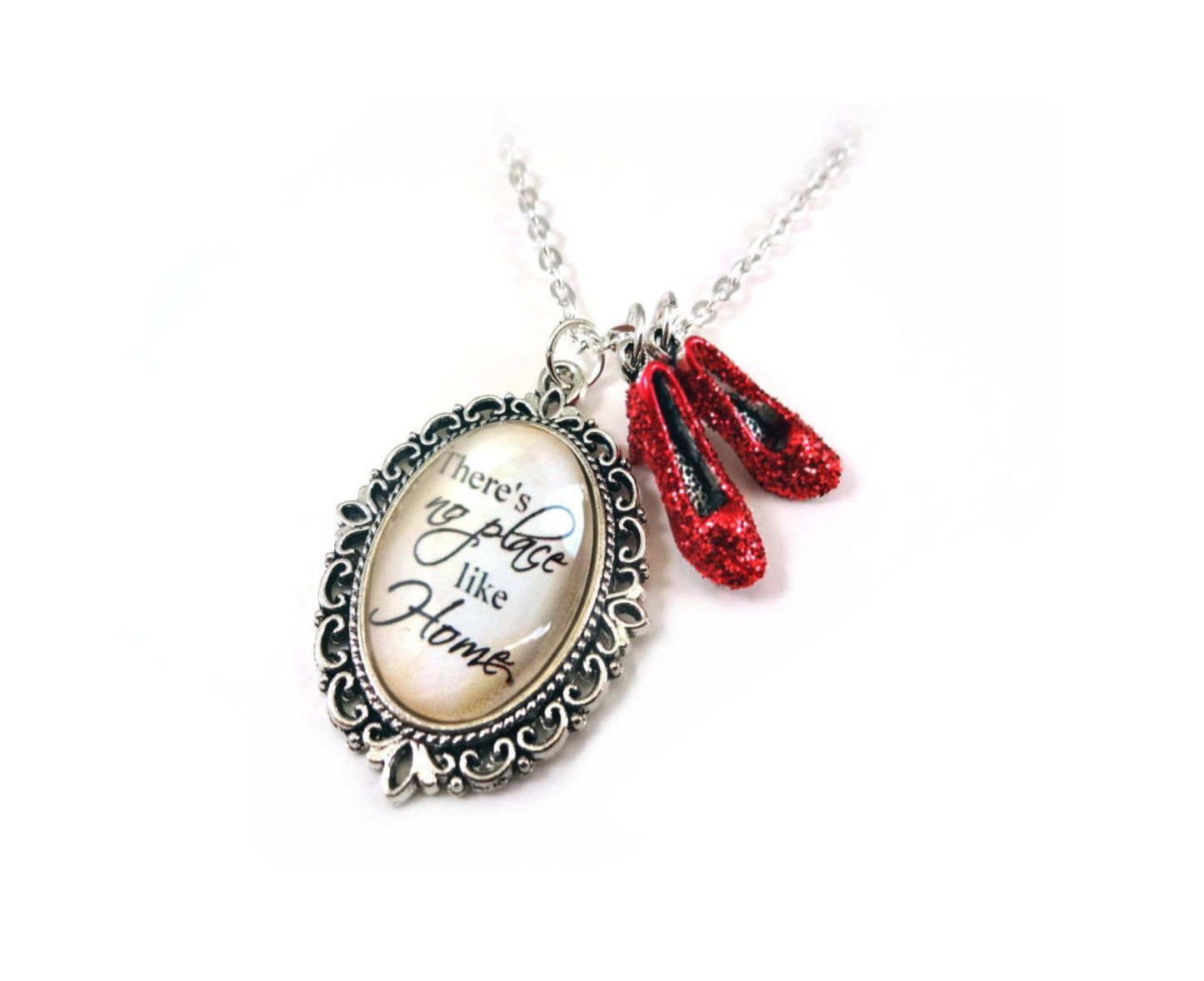 The Wonderful Wizard of Oz Necklace - There's No Place Like Home Charm - Ruby Red Slippers Oz Quote