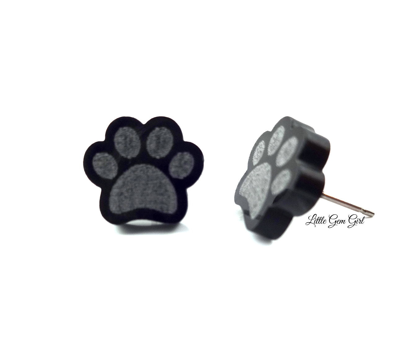 Paw Print Earrings Available with Titanium or Stainless Steel Post - Animals, Dog, Cat Black Pawprint Stud Earrings