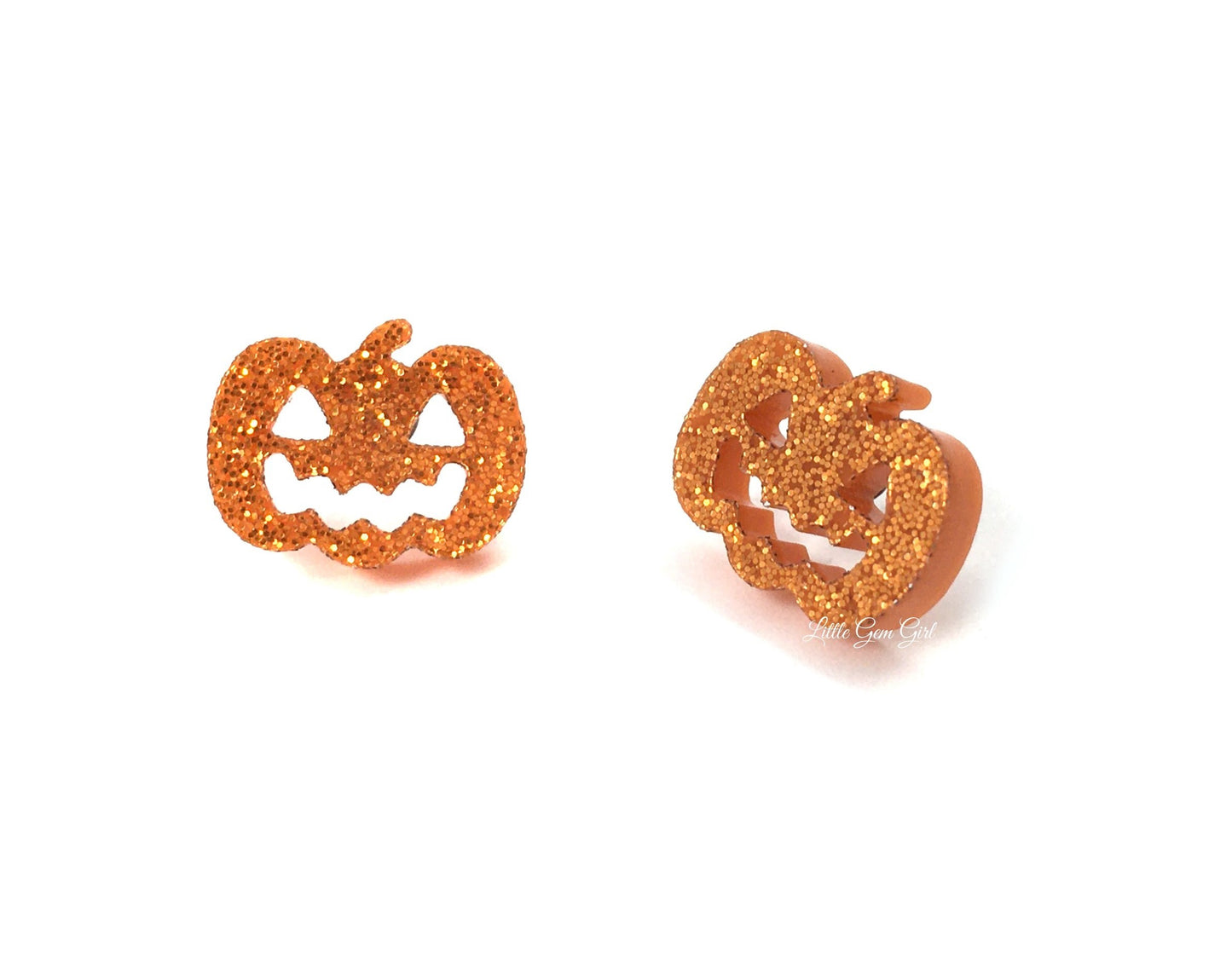 Orange Glitter Pumpkin Stud Earrings - Halloween Jack-o-Lantern Earrings Available with Titanium or Stainless Steel Post