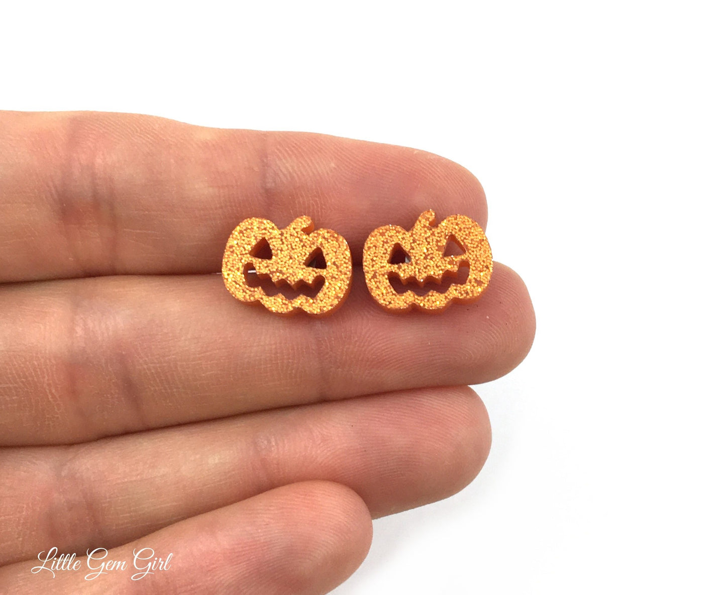Orange Glitter Pumpkin Stud Earrings - Halloween Jack-o-Lantern Earrings Available with Titanium or Stainless Steel Post