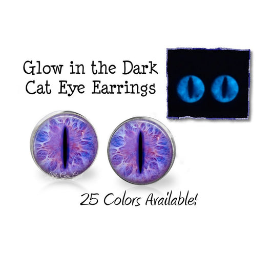 Glow in the Dark Cat Eye Earrings - Glowing Animal Eye Stainless Steel Hypoallergenic Studs - 25 Eye Colors Available