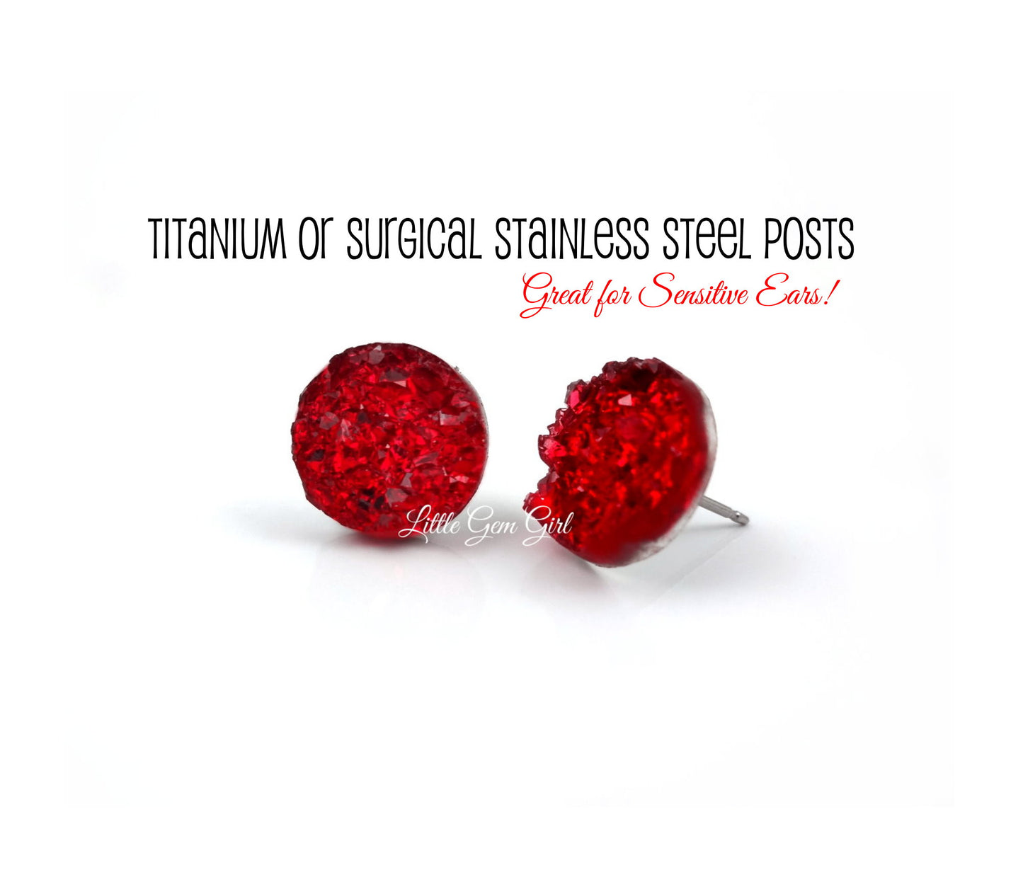 Ruby Red Crystal Faux Druzy Stud Earrings - Titanium or Stainless Steel Post for Sensitive Ears - The Wonderful Wizard of Oz Jewelry