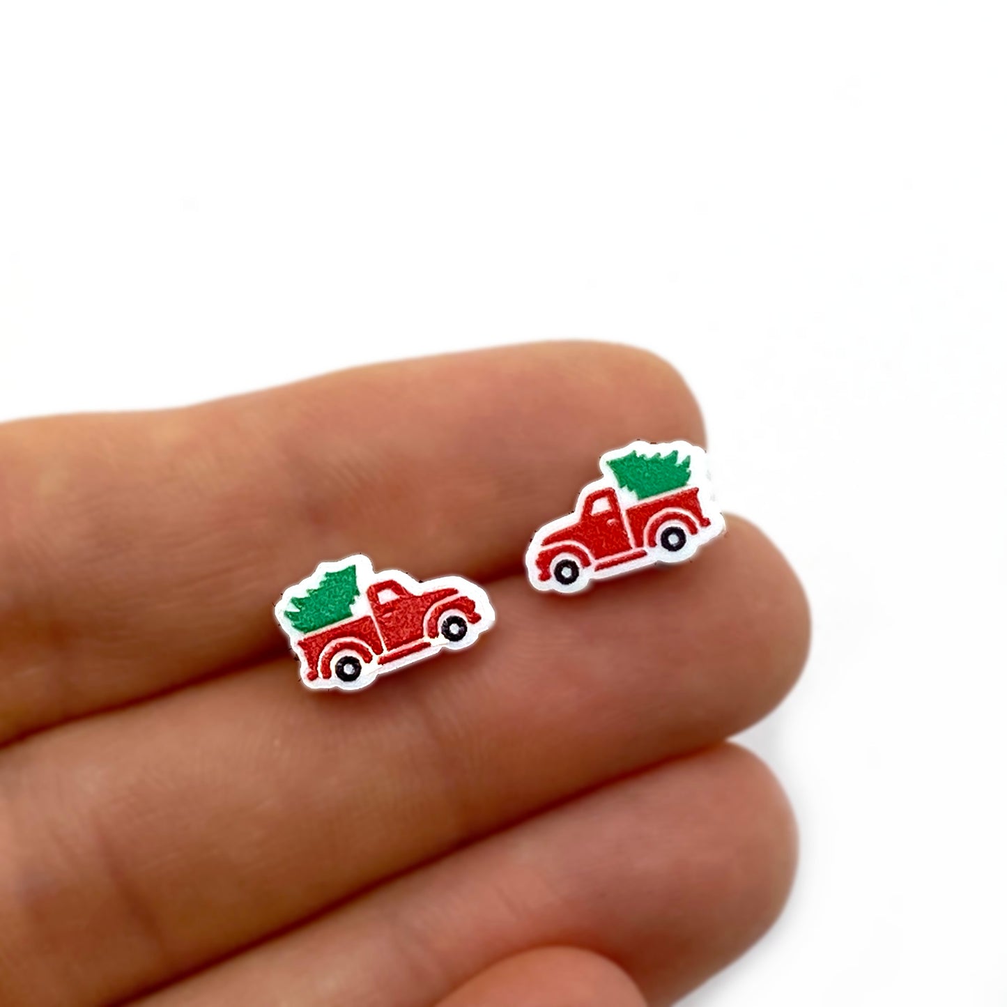 Vintage Farmhouse Christmas Truck Earrings – Red Truck & Tree Studs – Hypoallergenic Stainless Steel or Titanium Holiday Jewelry