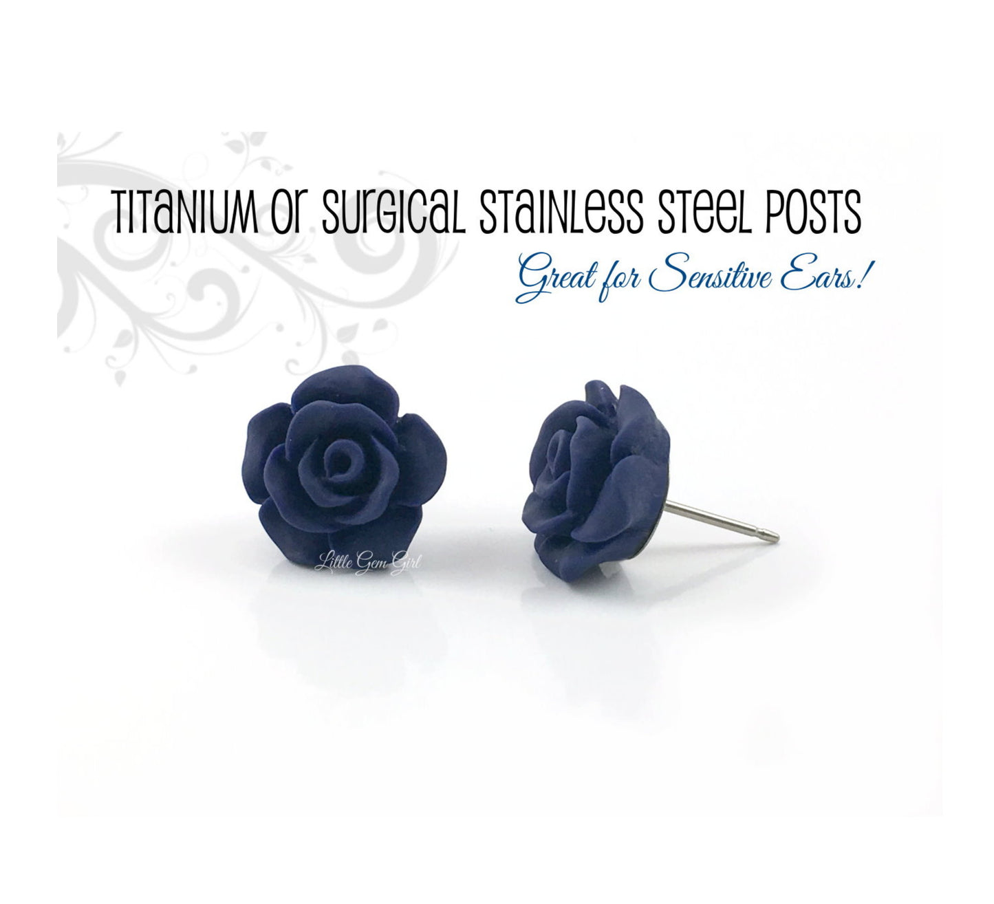 Navy Blue Rose 13mm Small Earrings - Hypoallergenic Sensitive Ears Titanium or Stainless Steel Studs