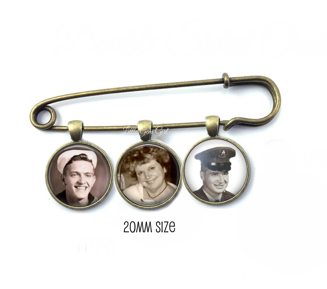 Custom Photo Lapel Pin with 1, 2 or 3 Picture Charms - Wedding Picture Boutonniere - Personalized Bridal Bouquet Charm - Groom Memorial Pin