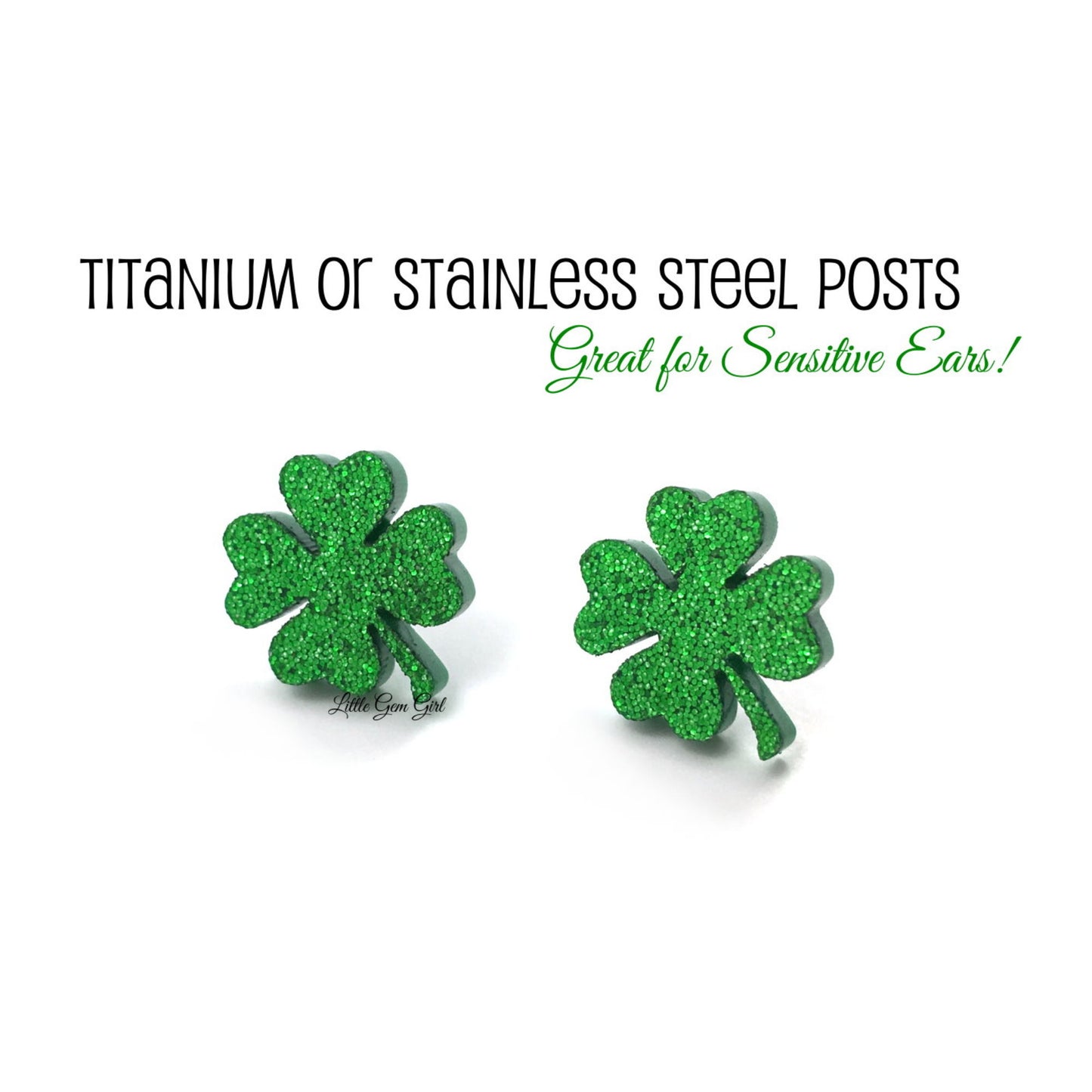 Shamrock Four Leaf Clover Stud Earrings - Sparkly Green St Patrick's Day - Stainless Steel or Titanium Post
